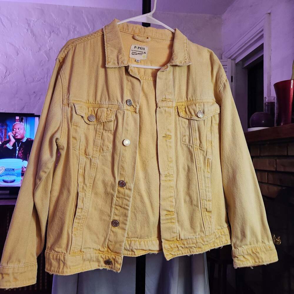 Papaya Distressed Yellow Denim Jacket with Abstract Face Line Art Back Graphic